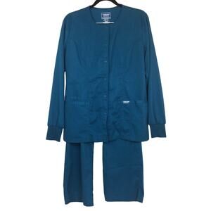 Cherokee Workwear Blue Snap Up Front Long Sleeve Elastic Waist Pant Scrub Set MP